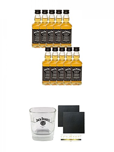 Jack Daniels Black Label No. 7 10 x 5 cl Miniaturen in GP + Jack Daniels No. 7 Glas mit Eichstrich 2 und 4 cl 2 Stück + Schiefer Glasuntersetzer eckig ca. 9,5 cm Ø 2 Stück