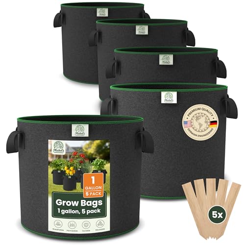 Mabel's Gardening 5-Pack 1 Gallon Grow Bags - Garden Planting Bags 7.1 x 5.9 INCH Made of 8.85 oz/yd² (300g/m²) Felt & Fleece Fabric Plant Pot, Plant Bag, Grow Bag for Basil Oregano Tomato