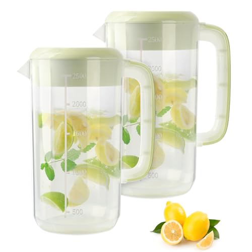 BPFY 0.6 Gallon 2.5 Litre Clear Plastic Pitcher with Lid, 2 Pack Clear Water Pitchers for Cold Drinks, Iced Tea Jug for Lemonade, Iced Tea, Milk, Juice, Beverages