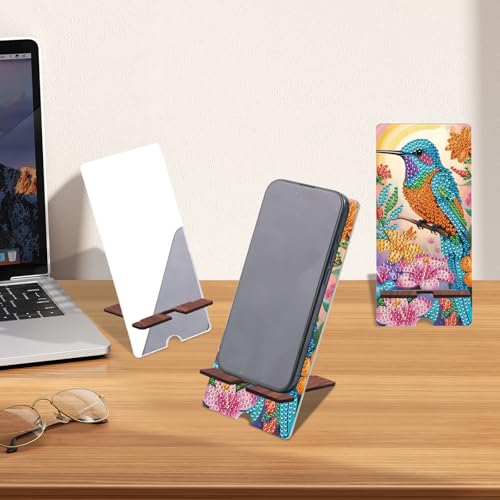Image of Hummingbird Diamond Painting Phone Stand with Mirror, Floral DIY Wooden Diamond Art Desktop Holder, 2-in-1 Multi-Functional Diamond Painting Tabletop Ornament for Home and Office