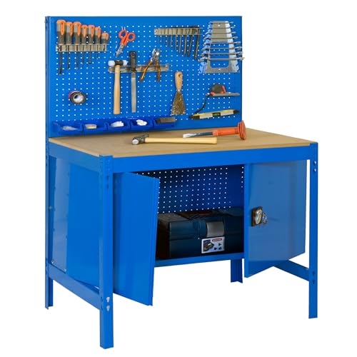 Simon Rack Banco de Trabajo Taller, Capacidad Carga 400 kg, 1445x910x610 mm, Mesa de Trabajo, Guarda Herramientas, Azul/Madera   BT2