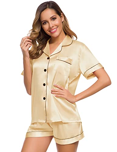 Image of SWOMOG Women Silk Satin Pajamas Set Short Sleeve Button Down Sleepwear Loungewear Pj Sets