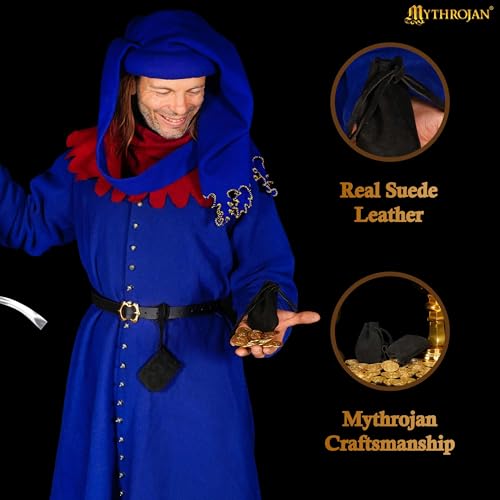 Image of Pack of 4 Mythrojan Small Trinket Pouches Suede Leather Drawstring Coin & Dice Bags for LARP, SCA, Viking & Medieval Events, Color : Black