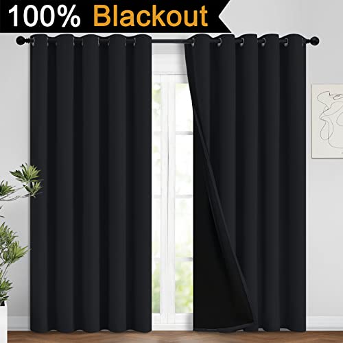 Image of Yakamok 100% Blackout Lined Panels, Thermal Insulated Blackout Curtains for Bedroom, Heat Blocking Drapes for Living Room(62Wx84L, Black, 2 Panels)