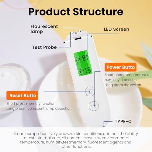 Professional Skin Moisture Tester, Digital Facial Oil Detector, High Precision Skin Hydration Analysis Meter, Hydration monitor,Portable Skin Analyzer with LCD Display & Fluorescent Agent Detection