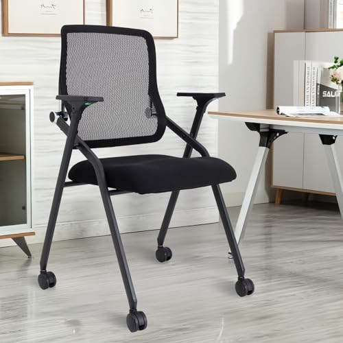 Image of Updated Conference Room Chairs, Folding Office Desk Chair with Lumbar Support and Sliding Armrest with Casters, Stackable Office Guest Chairs & Reception Chairs, 1 Pack Black