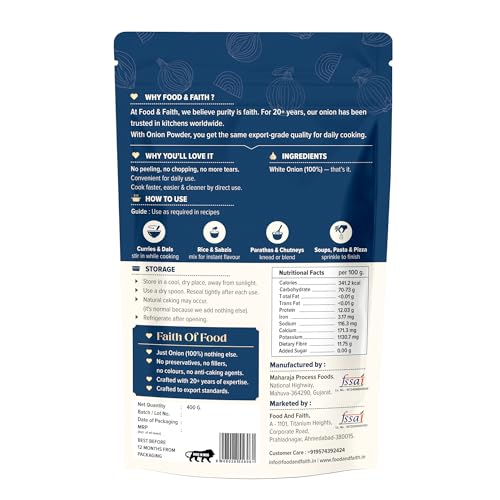 Image of Food & Faith White Onion Powder 400g - Pure Dehydrated Pyaz Powder | Strong Aroma & Instant Flavor | Ready to Use Cooking Seasoning | No Preservatives, Additives or Fillers