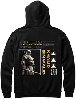 هودي اسود كبير الحجم للشباب بتصميم فني فني من الخلف مقاس كبير (خالد بن الوليد) 108