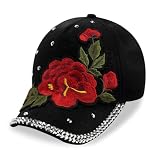Generic Embroidered Rose Hat for Women, Jeweled Rhinestone Bling Hat, Adjustable Baseball Cap, Floral Lover Gift (One Size,Black_A)