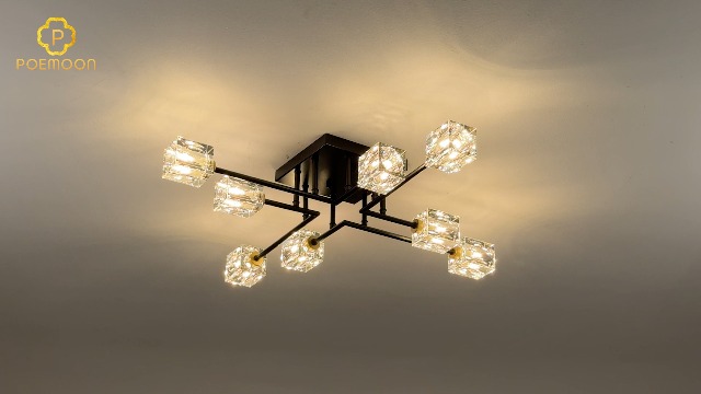 Image of Modern Black Gold Sputnik Chandeliers 8-Light Crystal Semi Flush Mount Ceiling Light Industrial L 31.5 inch Chandelier Lighting for Living Room Dining Room Foyer Entryway Kitchen Bedroom