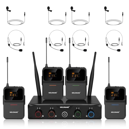 MELONARE 4-Channel Wireless Microphone System,UHF Compact Cordless Mic Set w/