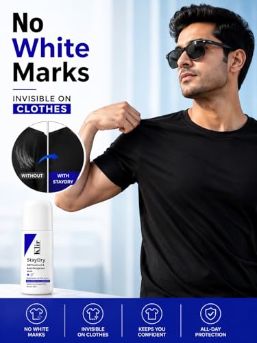 Image of Klir StayDry Anti-Perspirant Roll On Deodorant for Men & Women | 24H Sweat & Odor Protection | Alcohol Free | No White Marks | Underarm Sweat Control | Ocean Mist | 50ml