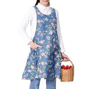 OCXXMME Adjustable Easeful Cross Back Aprons for Women Floral Aprons with Pockets Cotton Linen