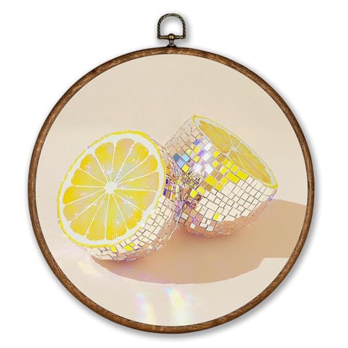Voxitura Disco Lemom Fruit Wall Art Round Framed, Yellow Preppy Wall Decor Canvas Girly Room Kitchen, Trendy Retro Summer Paintings Prints Artwork Decorations for Bedroom Dorm 10x10in