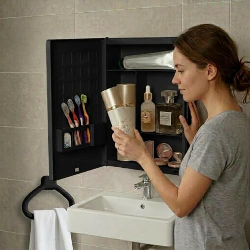 Image of CIPLA PLAST New Rich Look Bathroom Cabinet with Mirror | Storage Organiser | Strong Plastic Bathroom Shelves Wall Mounted | Bathroom Accessories| Mirror Cabinet (Black with Towel Ring)
