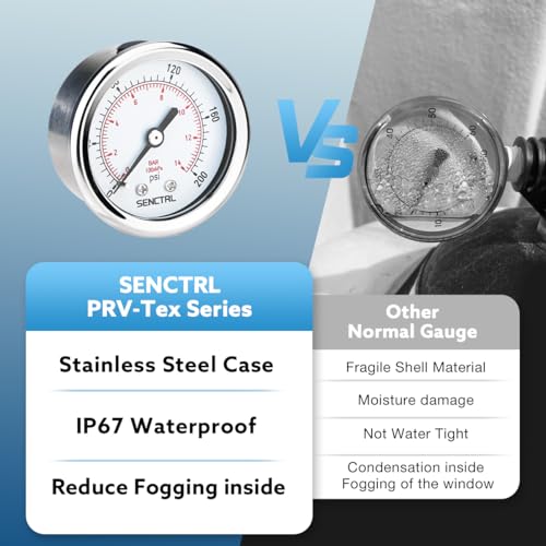 Image of SENCTRL 0-200 psi Pressure Gauge, 2 inch Dial Size, 1 /8 NPT Back Mount, Waterproof, Stainless Steel Case, for Pneumatic Regulator Air Compressor Portable Tank Water Tire Test