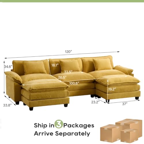 Image of Modern U Shaped Sectional Sofa, Plush Chenille Upholstery, Extra Deep Seats with Throw Pillows for Living Room Office Hotels (Yellow)