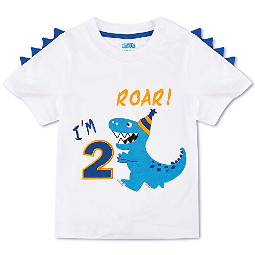 AMZTM Dinosauro Maglietta di Compleanno - 2°Compleanno Articoli per Feste Regalo Bambino Ragazzo T-Shirt Manica Corta Bianca Girocollo in 100% Cotone Stampa Top T Shirt (Bianca, 90)