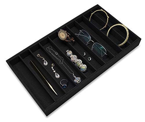 The Display Guys - Stackable Jewelry Tray and Organizer - for Drawers, Dressers, Store Display (10 Compartments, Black Burlap)