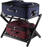 Effulow Folding Luggage Rack, Bamboo Suitcase Luggage Stand w/Shelf, 27 Inch Double Tiers Shoe Rack Luggage Holder with Shoe Shelf for Bedroom, Guest Room, Hotel (Espresso, 26.8 x 22.0 x 14.2 inch)