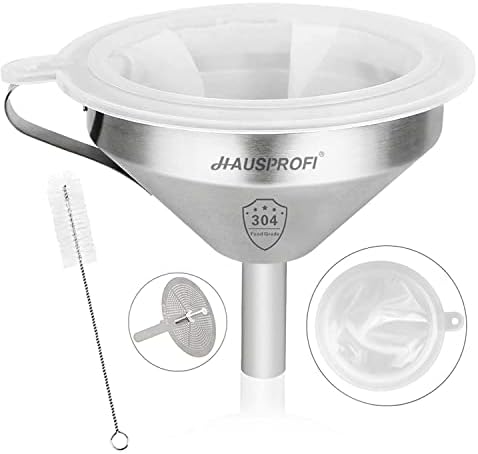 HAUSPROFI Stainless Steel Funnel, 5.9 inch Funnel for Kitchen Use Metal Funnel with 2 Removable Strainer 1pc Cleaning Brush Transferring of Jam, Dry Ingredients,Powder
