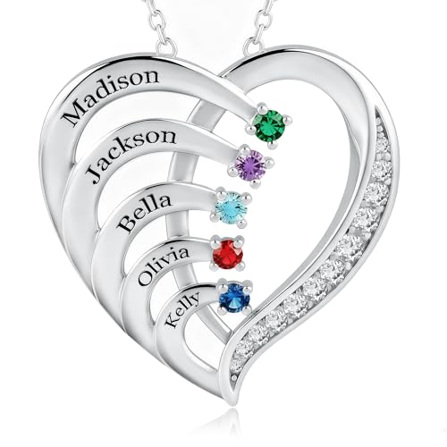 Easycosy - Easycosy Collier Personnalisé Prénom -Cadeau Noël Femme Maman- Collier avec Pierres de Naissance gravé 1-4 Nom Collier Pendentif Cœur Bijou Cadeau Maman Fille Mamie Copine Anniversaire Saint-Valentin