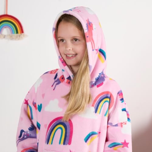 OHS Rainbow Wearable Hoodie Blanket for Girls, Oversized Sherpa Fleece Throw Blanket Kids Hooded Sweatshirt Cosy Wearable Large Fleece Hoodie Gifts for Girls Kids - Pink, One Size - Image 9