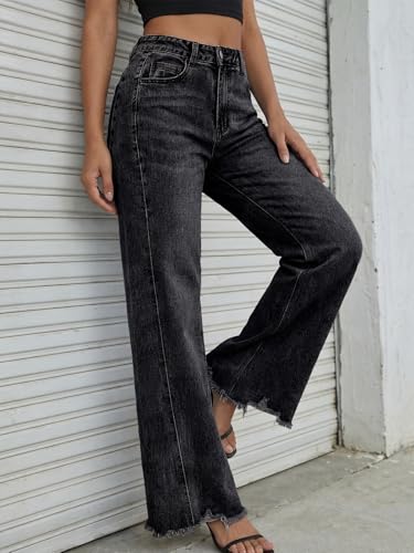 Trendy Queen Women's Wide Leg Jeans Stretchy High Waisted Straight Leg with Raw Hem Baggy Denim Pants Black 4 — view 6
