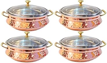Handmade Stainless Steel Copper set Of 4 Casserole Dish Serving Indian Food Daal Curry Handi Bowl With Glass Lid Capacity ...