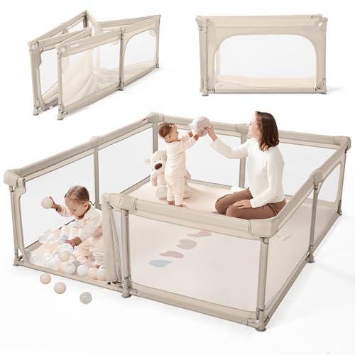 Image of Sweeby Baby Playpen, 79x71 Inch Foldable Playpens for Babies and Toddlers with Gate, Extra Large Playpen with Door Play Yard for Baby Fence Indoor and Outdoor Portable Play Pen, Beige