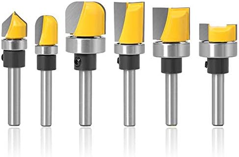Mesee 6 Pieces Template Router Bit Set with Bearing, 1/4-Inch Shank Straight Bits and Bowl Tray Bits V Grooving Bit for Woodworking Template Pattern Slotted Trimming Clearing Milling Cutter Tools