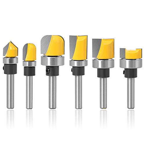 Mesee 6 Pieces Template Router Bit Set with Bearing, 1/4 Inch Shank Flush Trim Bits and Bowl Tray Bits V Grooving Bit for Woodworking Template Pattern Slotting Trimming Clearing Milling Cutter Tools