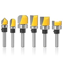 Mesee 6 Pieces Template Router Bit Set with Bearing, 1/4-Inch Shank Straight Bits and Bowl Tray Bits V Grooving Bit for Woodworking Template Pattern Slotted Trimming Clearing Milling Cutter Tools