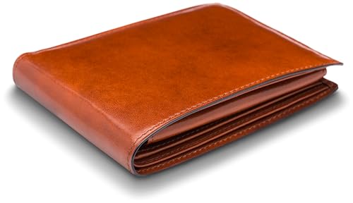 Image of Bosca Men's Italian Leather Bifold Wallet with Removable ID Passcase, RFID Blocking, 8 Card Slots, and Divided Currency Well - Made in Italy, Amber Tan
