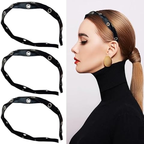 YONOY 3 Pcs Thin Leather rivets Headbands for Cool Girl, Rock Punk Hairband Anti-Slip Head Bands for Girl’s Hair Fashion Kont Headband Black Headbands for Girl’s Hair Accessories Cover