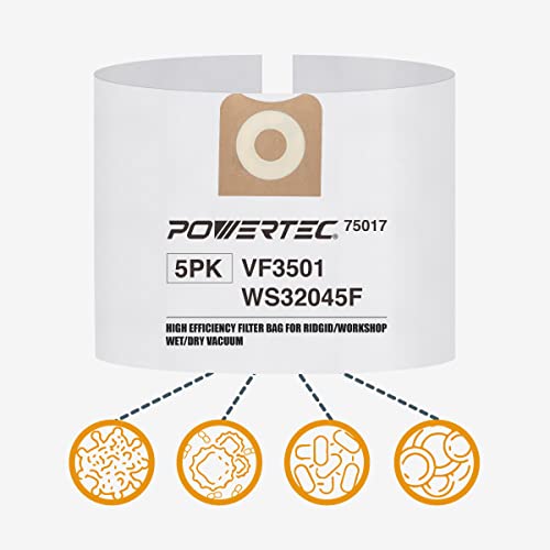 Powertec 75017 5Pk, Vf3501 Filter Bags For Ridgid/Workshop Ws32045F 3-4.5 Gal Wet Dry Vacuum #TOP4