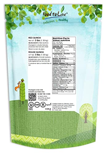 Food to Live Red Quinoa, 3 Pounds Ancient Whole Grain Seeds, Raw, Sproutable, Kosher, Vegan, Sirtfood, Bulk. Quick-Cooking Perfect for Salads. Great for Vegetarian diets. - Thumbnail 2