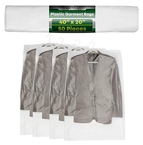 Party Bargains 40 Inch Clear Plastic Garment Bags, 50 Pack, 80 Gauge Dry Cleaning Laundrette Bag Clothes Cover Protector for Suits, Dresses, Gowns, Coats, Uniforms