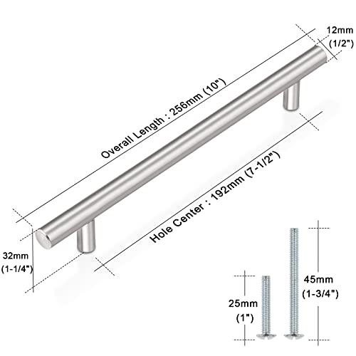 Image of Probrico 5 Pack|7-9 /16 inch Hole Centers Drawer Handles for Modern Kitchen Cabinet T Bar Drawer Handles Brushed Nickel Finish, Stainless Steel Cabient Hardware