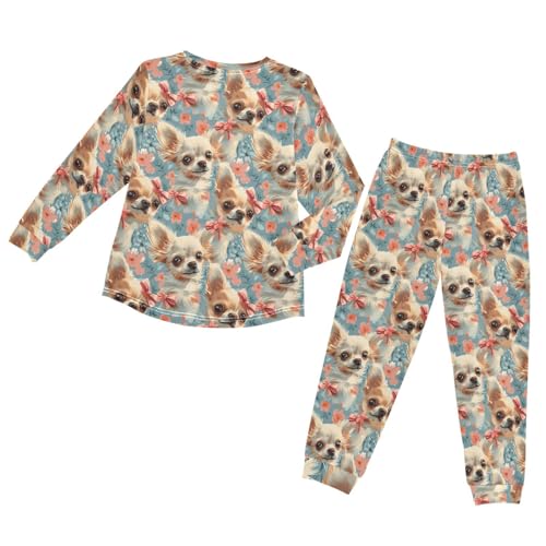 Pajama Set Long Sleeve for Boys & Girls,Floral Pattern with Puppies Kid's Soft Sleepwear Crewneck Loungewear 2 Piece PJ Underwear Set 4T2