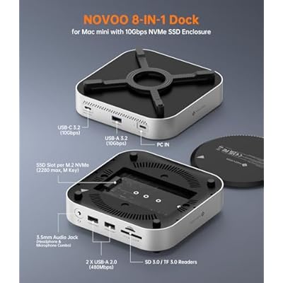 NOVOO Mac mini M4 Dock, Aluminum Mac mini Docking Station for Apple Mac mini M4 / Mac mini M4 Pro, M.2 NVMe 2280 SSD Enclosure, 10Gbps USB-C & USB-A, SD/TF, Audio, One-Press Power, Mac mini Hub