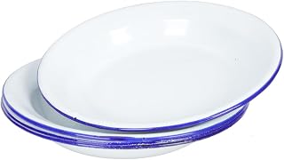 Cabilock 4 Packs Enamel Plates, 6 Inch Round Enamelware Dinner Plate Bulk, Enameled Serving Dish with Blue Rim, Tableware for Pasta Salad Outdoor Camping Picnic BBQ