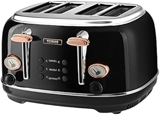 Tower Bottega T20017 4 Slice Stainless Steel Toaster with Variable Browning Control, Defrost and Reheat Settings, Black and Rose Gold