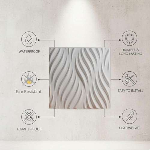 Image of Kayra Decor 3D Wall Panels Wave Design - White Color | 19.7 inch x 19.7 inch (Pack of 12) - Covers 32.28 Sq. Ft | Premium Home & Office Wall Decoration
