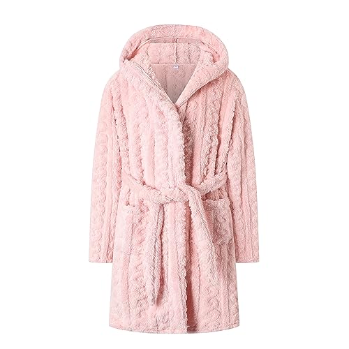 Umeyda Girls Bathrobe, Cute Comfy Soft Fleece Hooded Bath Robe With Belt Pockets, Twist Pink, M