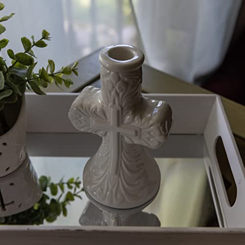 Scwhousi Cross Taper Candle Holder,Christian Crucifix Tabletop Candle Holder,Vintage Antique Candle Decor For Wedding,Christmas Dining,Ceramic White #TOP1