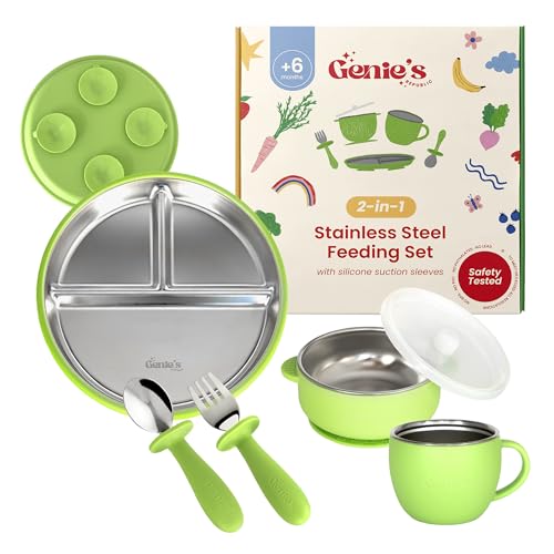 Image of Genie's Republic Stainless Steel Baby Plates & Bowls Set with Suction | Toddler Plates with Suction | Non-Toxic | BPA-Free | 100% Food-Grade | Dishwasher Safe