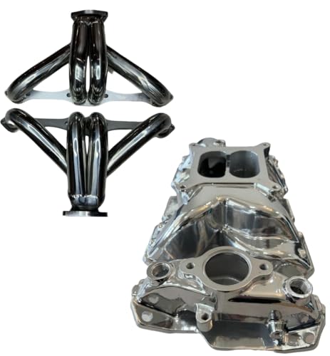 High Performance Stainless Steel Block Hugger Headers SBC Chevy 265 283 302 305 327 350 400 and Polished Small Block Chevy Dual Plane Air Gap Aluminum Intake Manifold for 1955-1995 Engines