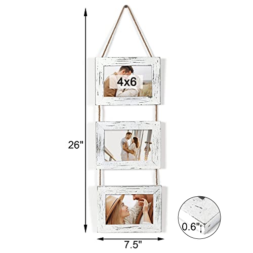 Deco De Ville Solid Wood 4X6 Hanging Picture Photo Frames Collage - Handmade 3-Frame Set - Vertical Rustic Farmhouse Distressed Style - Weathered White #TOP4