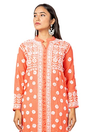 Image of FAWOMENT Women's Hand Embroidered Exclusive Rayon Kurta with Fine Lucknowi Chikankari Kurta Front Open Rose Kurta Women and Girl
